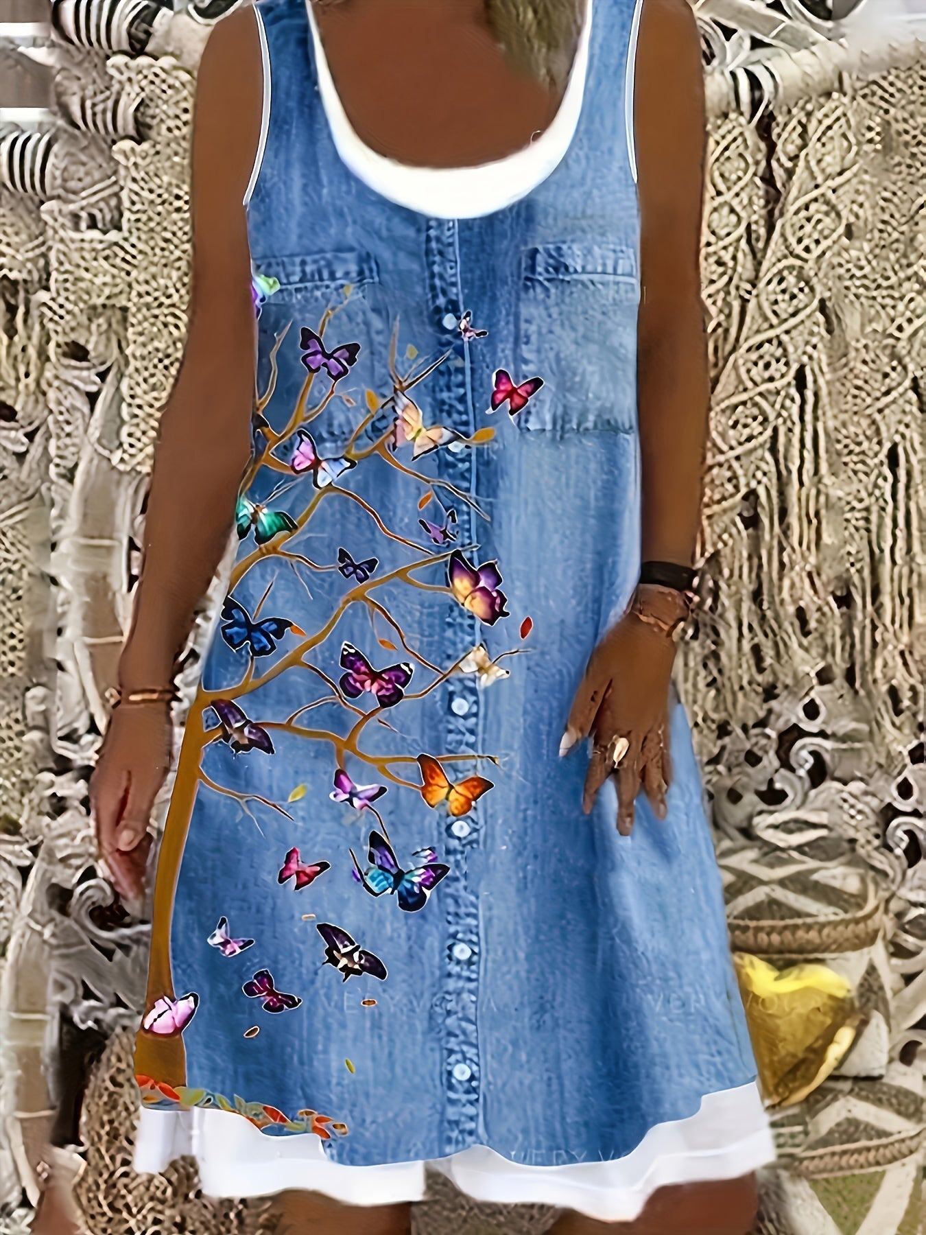  Butterfly & Denim Print Dress