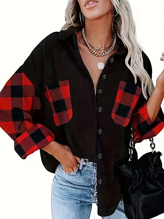  Colorblock Gingham Button Up Blouse