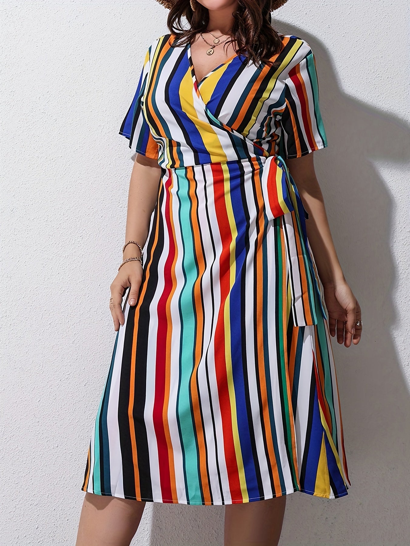  Colorful Stripe Print Short Sleeve Dress With Belt