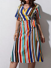  Colorful Stripe Print Short Sleeve Dress With Belt