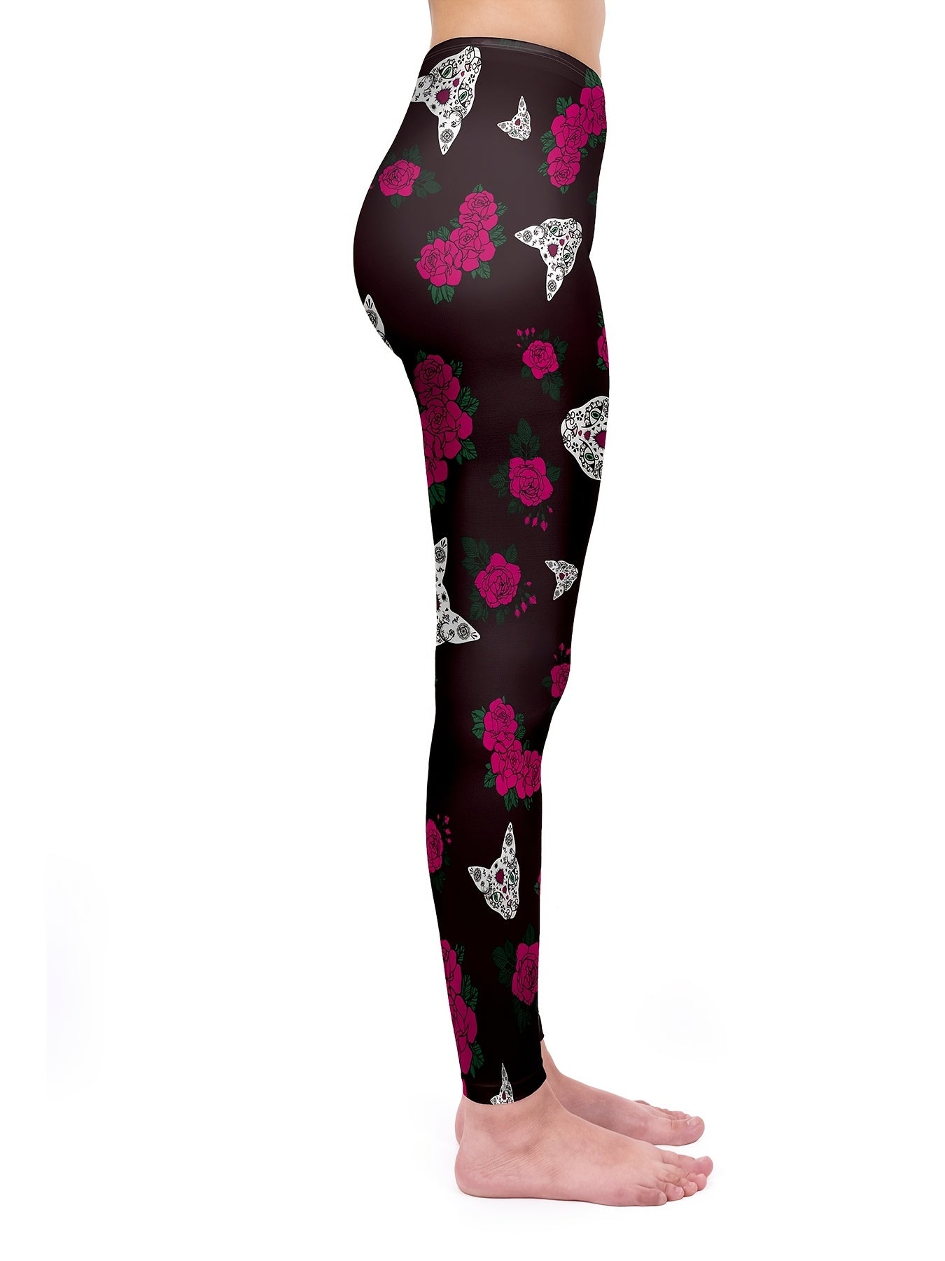 Floral & Cat Print High Waist Leggings