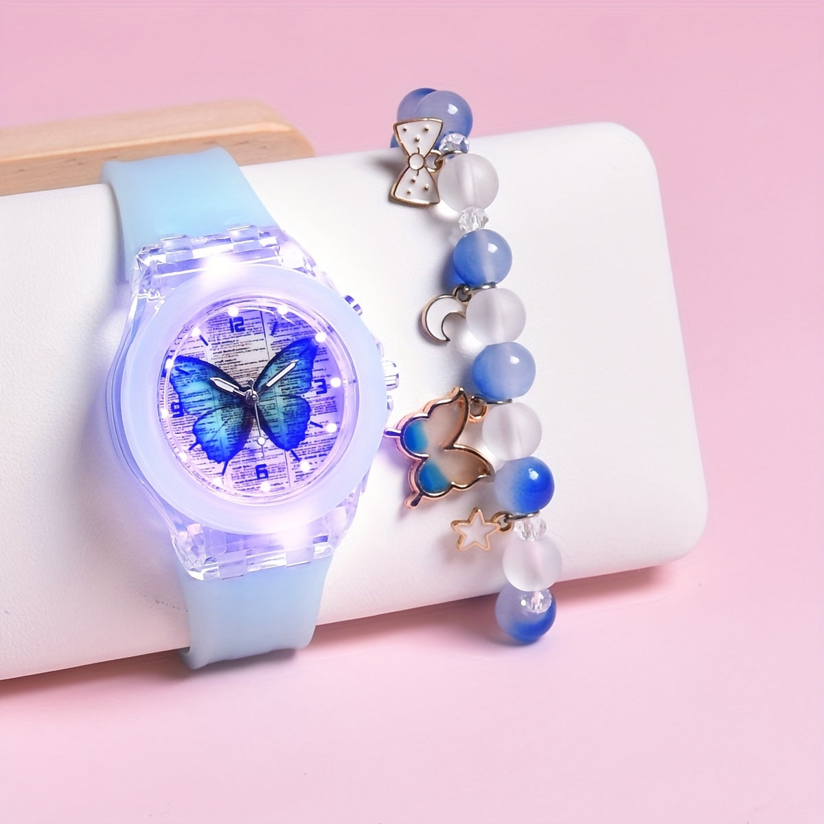 Girls' Butterfly LED Light Watch with Beaded Bracelet Set
