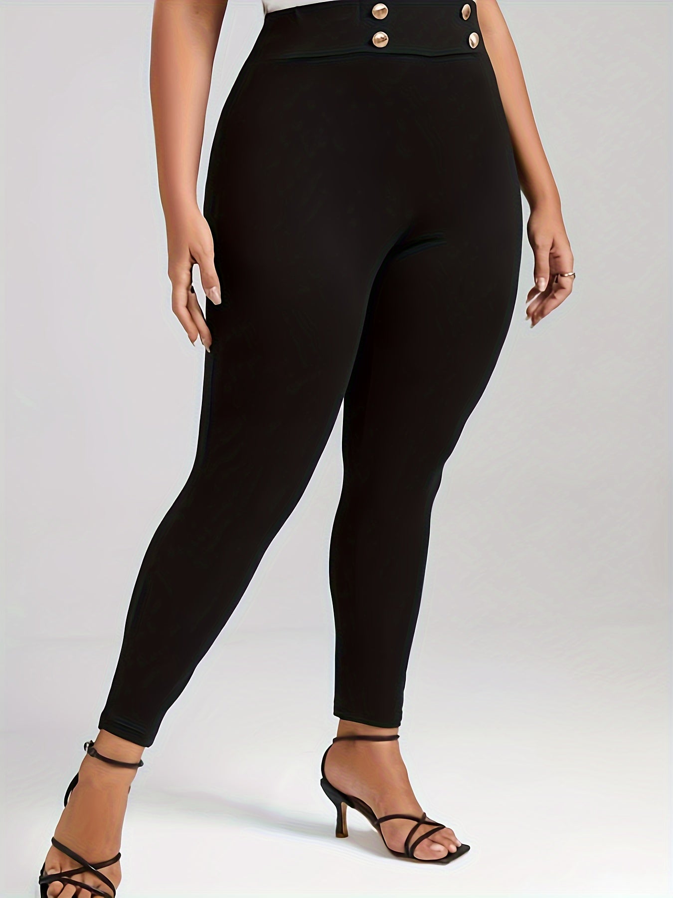  Solid Button High Rise Skinny Trousers