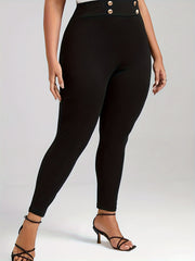  Solid Button High Rise Skinny Trousers