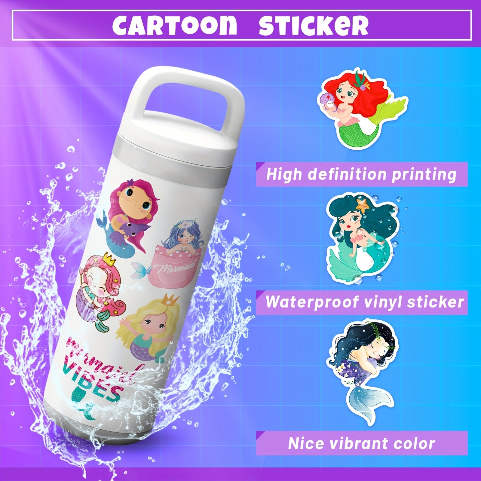 100pcs Mermaid Stickers For Laptop Cups Water Bottles Skateboard Luggage