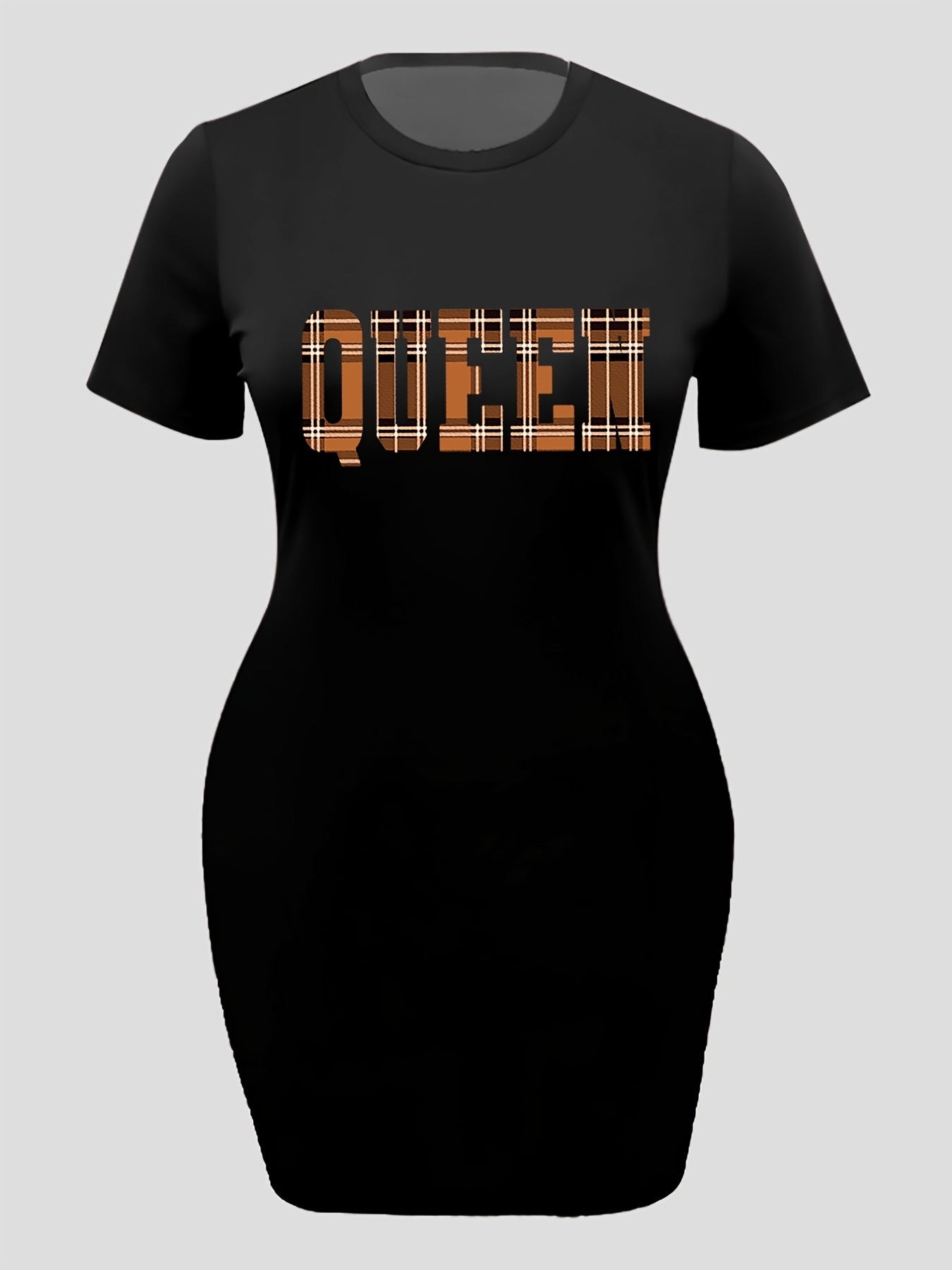  Casual Tee Dress Women's Plus Plaid Letter Print Short Sleeve