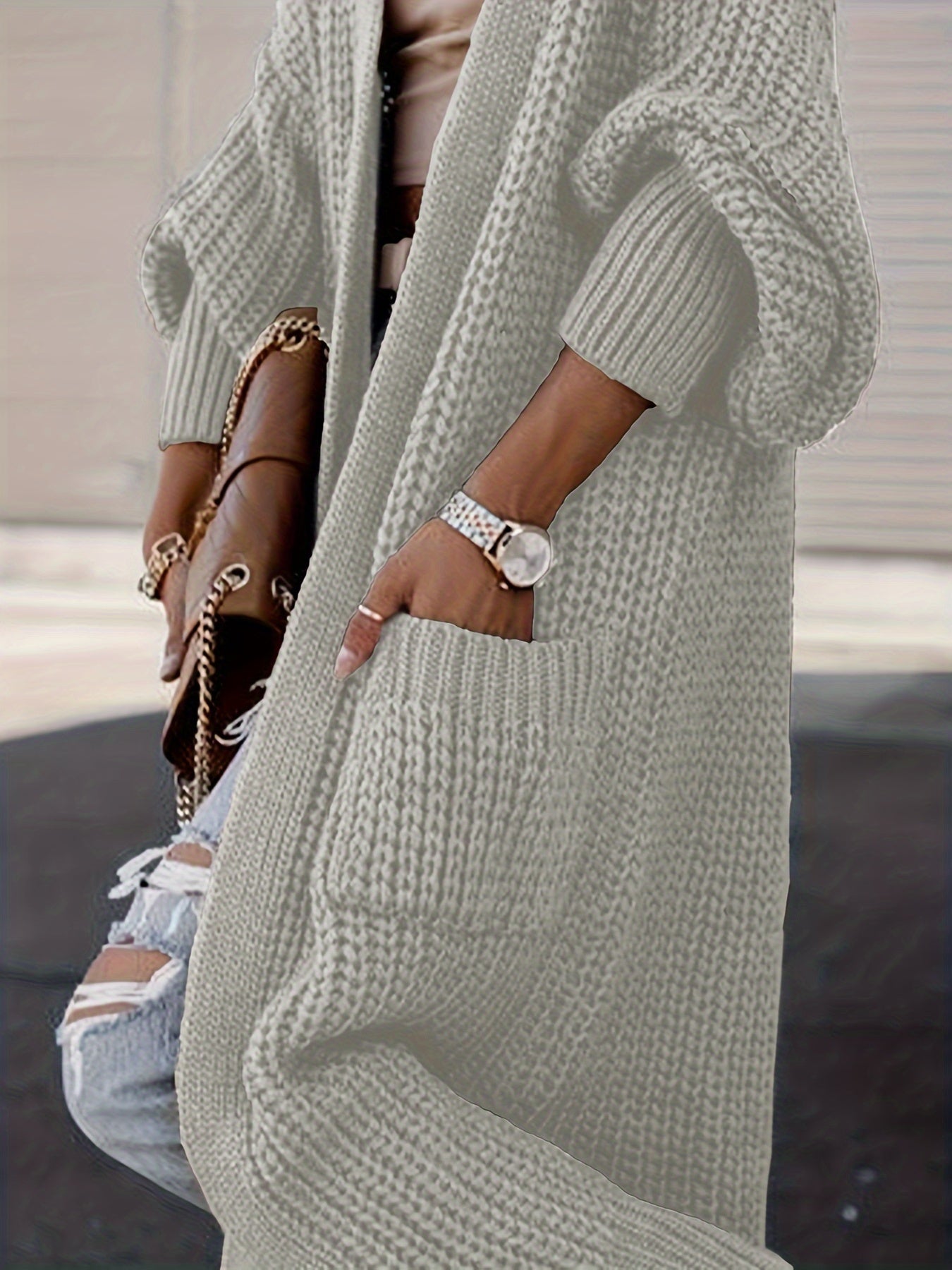  Solid Long Sleeve Open Front Cardigan With Pockets