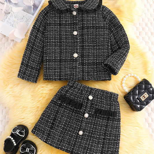 Girl's Tweed Outfit 2pcs Doll Collar Coat & Skirt Set For Spring Autumn