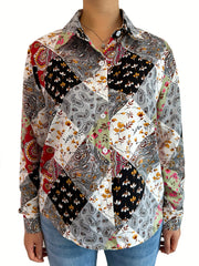  Boho Blouse Women's Plus Paisley Print Button Up Long Sleeve Blouse