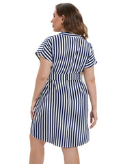  Striped Print V Neck Midi Dress