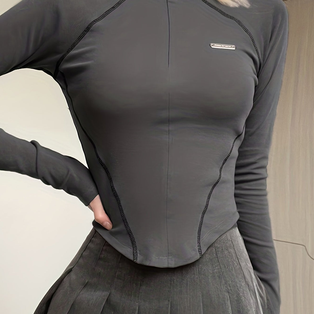 Solid Mock Neck Sports Long Sleeve Zipper Top
