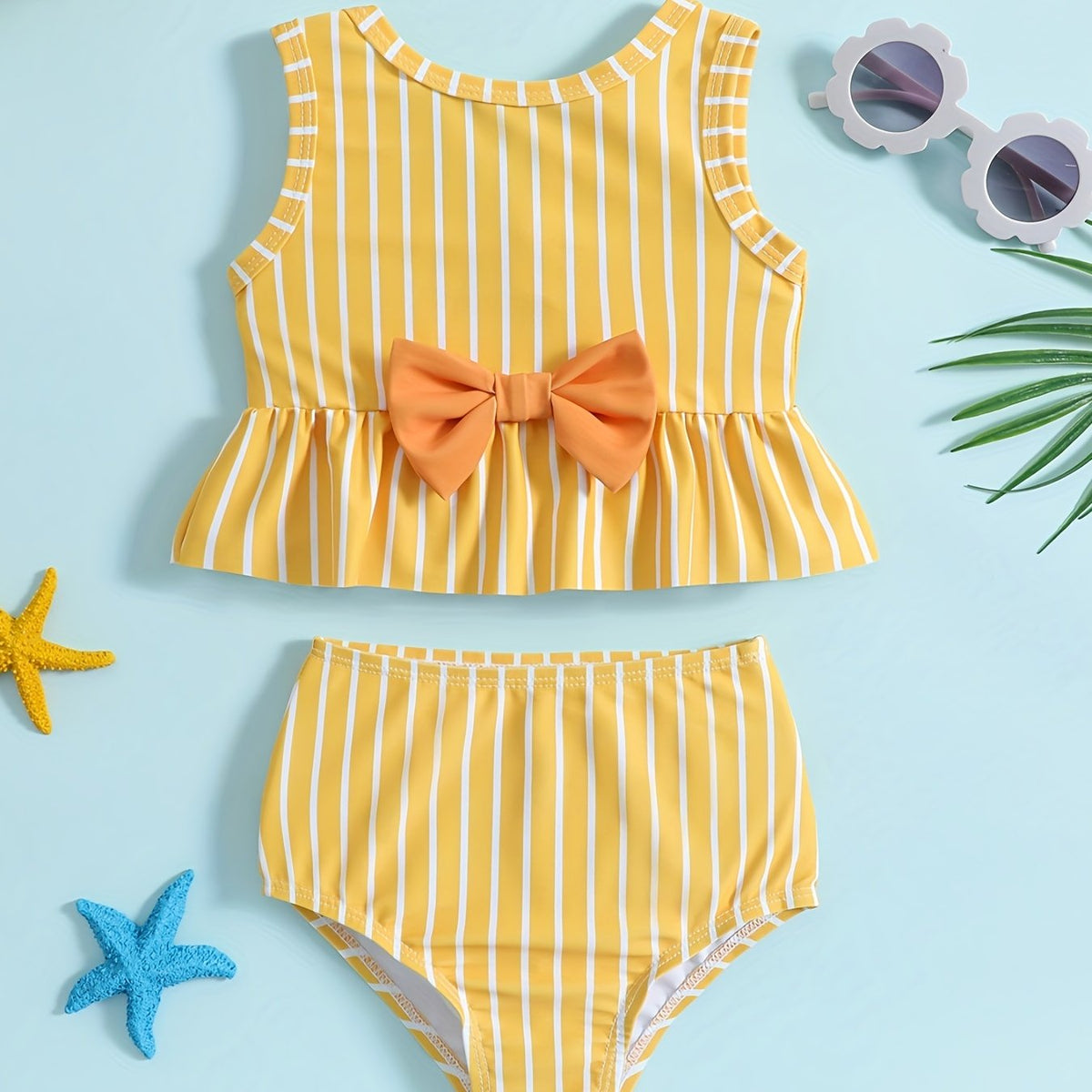 Girls Striped Sleeveless Bikini Tankini Swimsuit Set with Bowtie