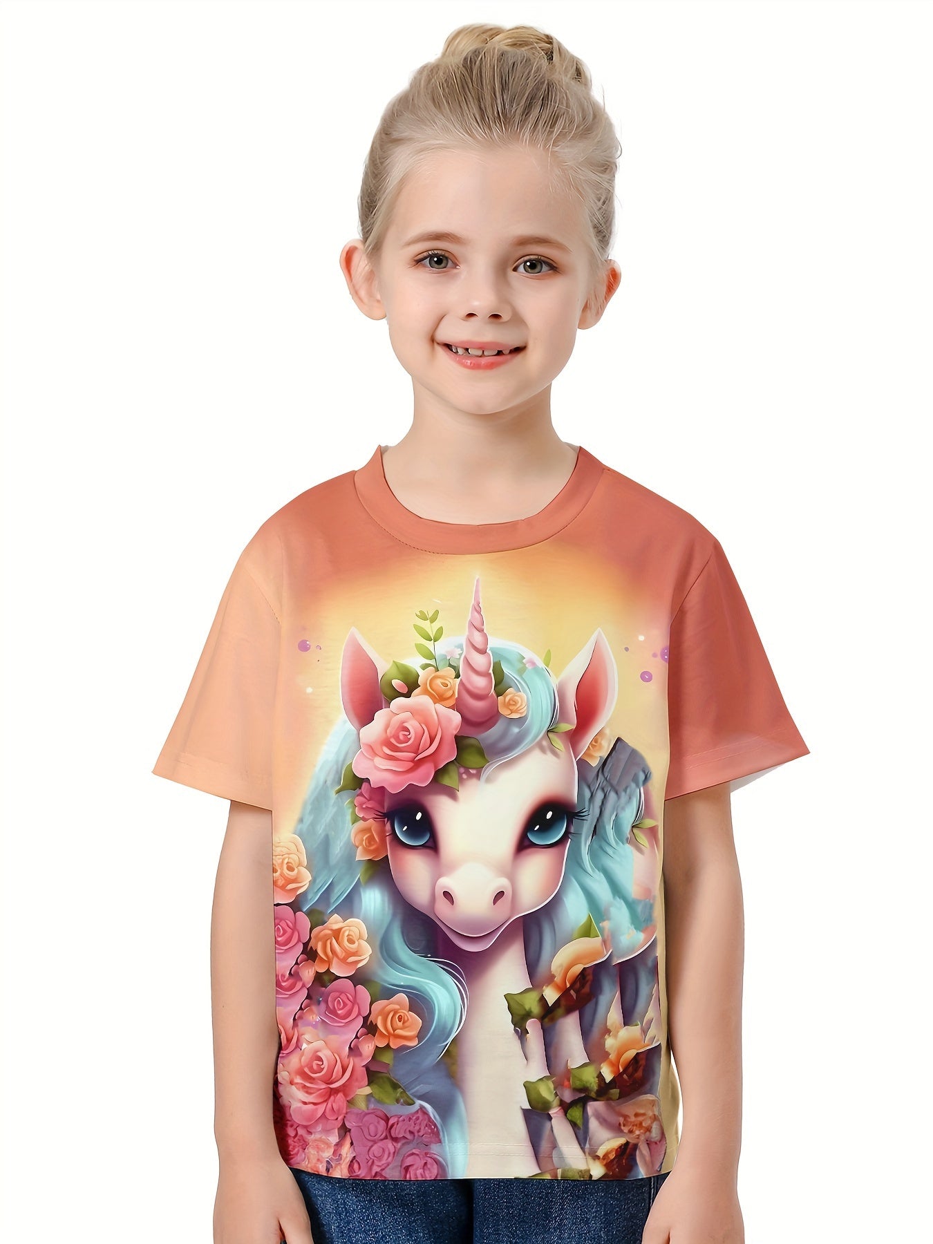 3D Unicorn Graphic Crew Neck Short Sleeve T shirt Girls Casual Pullover Tops