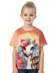 3D Unicorn Graphic Crew Neck Short Sleeve T shirt Girls Casual Pullover Tops
