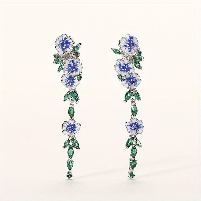 Emerald Synthetic Gem Flower Chain Dangle Earrings