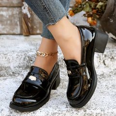 Women's Chunky Heel Loafers Patent Leather Mid Heels British Style