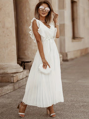 V Neck Pleated Ruffle Maxi Party Dress