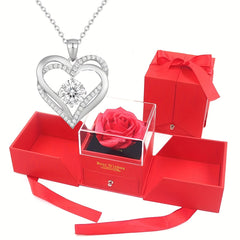 Unfading Beauty Rose Mom Double Heart Pendant Necklace Alloy Jewelry