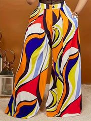  Colorblock Stripe Print Wide Leg Trousers