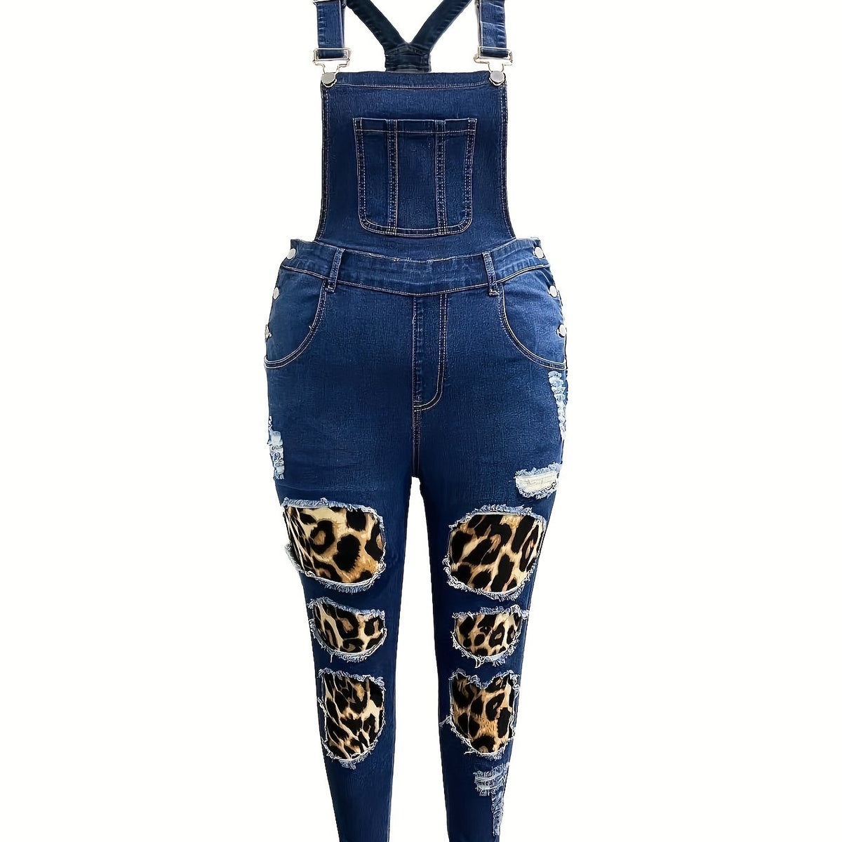  Leopard Print Ripped Denim Overalls
