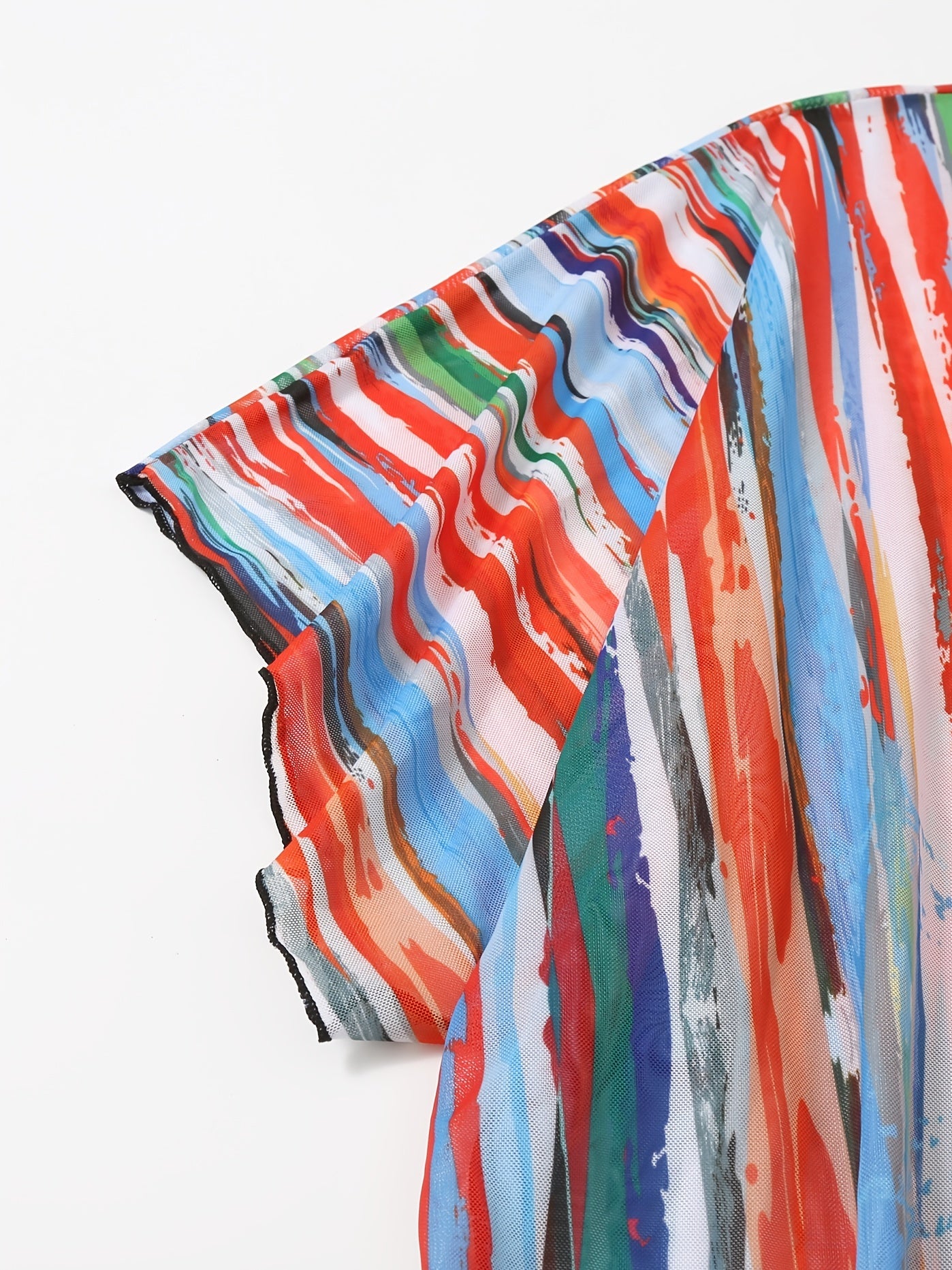 Striped Graffiti Sheer Kaftan V Neck Cover Up Dress Beachwear Kimono
