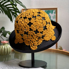 Flower Hollow Knitted Sun Hat Bucket Hat Foldable Cloche Hats for Women Summer