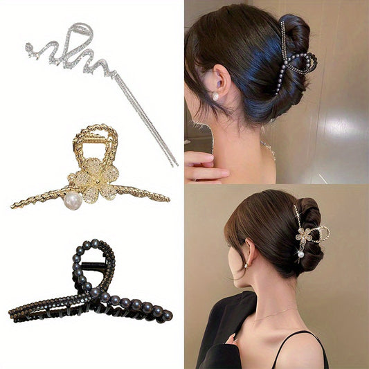 3pcs Rhinestone Pearl Hair Claw Shark Claw Tassel Head Jewelry Hair Accessories