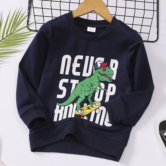 Dino Skater Print Boys Sweatshirt Crew Neck Top