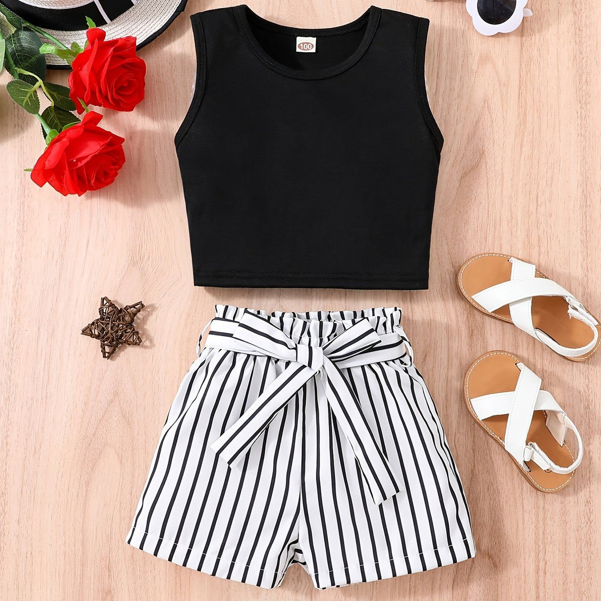 Girls Sleeveless Crop Tank Top & Stripes Shorts Set Kids Summer Clothes