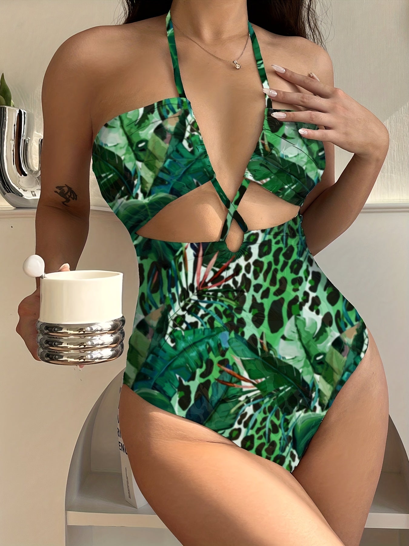Leopard Leaf Print Cut Out One Piece Swimsuit Green Monokini
