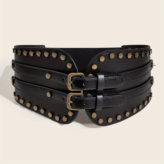 Vintage Punk Rivet Wide Belt Double Pin Buckle Waistband for Women