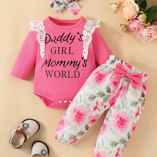 Baby Girls Letter Triangle Bodysuit Floral Bow 3pcs Set