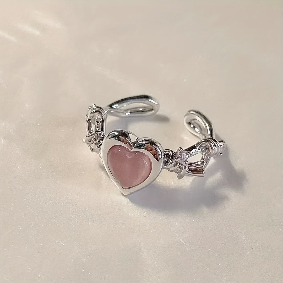Love Heart Cat Eye Stone Ring Opening Adjustable Jewelry
