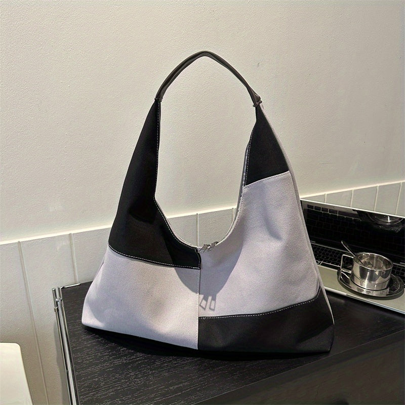 Colorblock Hobo Bag Large Capacity Canvas Shoulder Bag Women's Casual Handbag