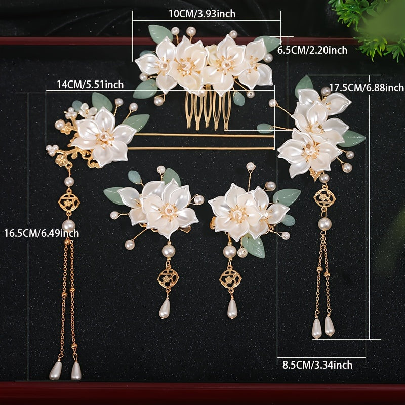 5pcs Chinese Hairpin Bridal Set Floral Tassel Hanfu Hair Accessory