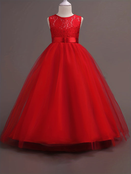 Girls Christmas Snow Graphic Mesh Tulle Maxi Dress