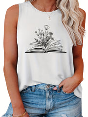  Casual Tank Top Women's Plus Book & Flower Print Round Neck Tank