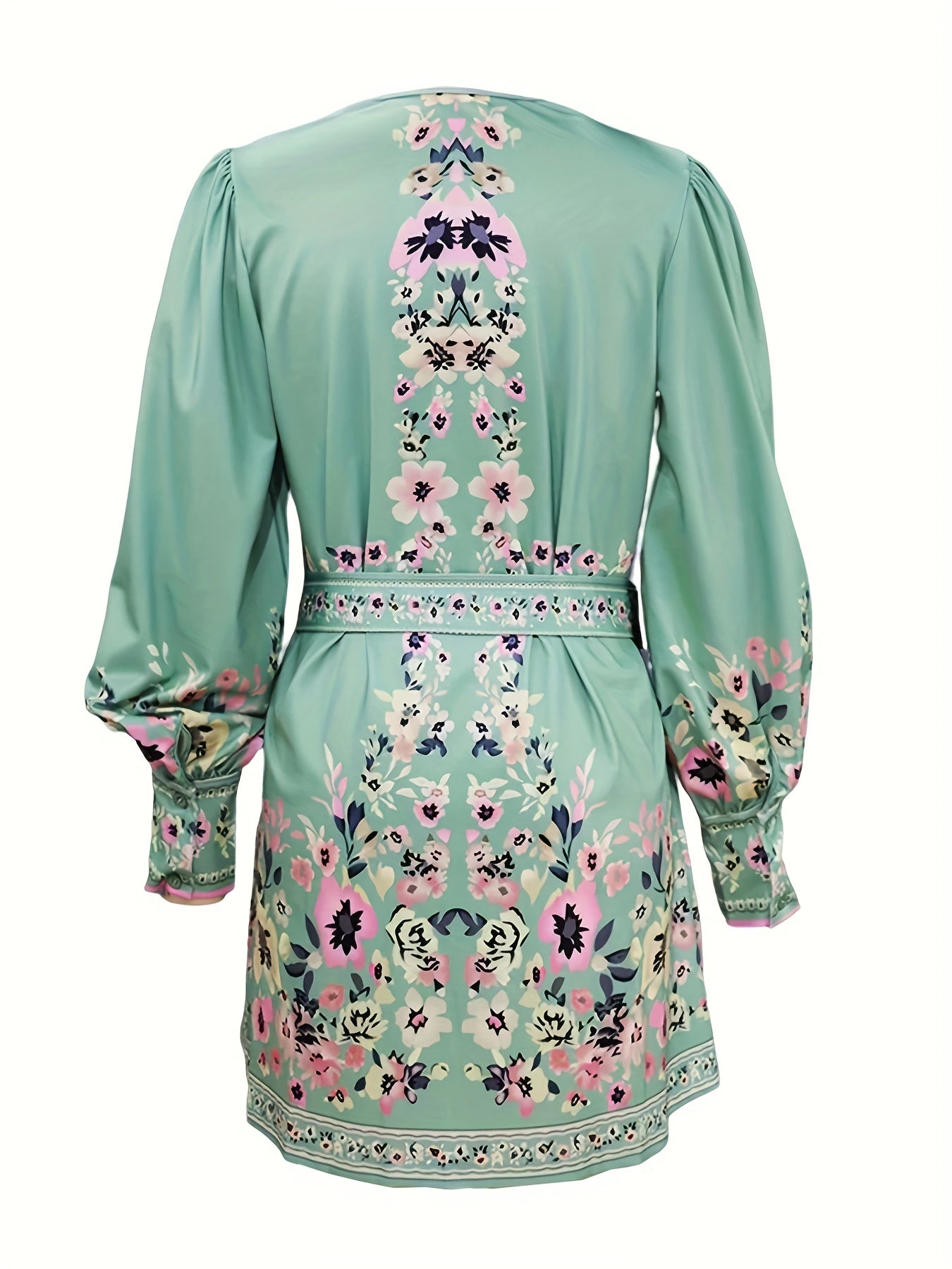  Boho Dress Women's Plus Border Floral Print Long Sleeve V Neck Dress