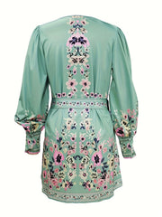  Boho Dress Women's Plus Border Floral Print Long Sleeve V Neck Dress