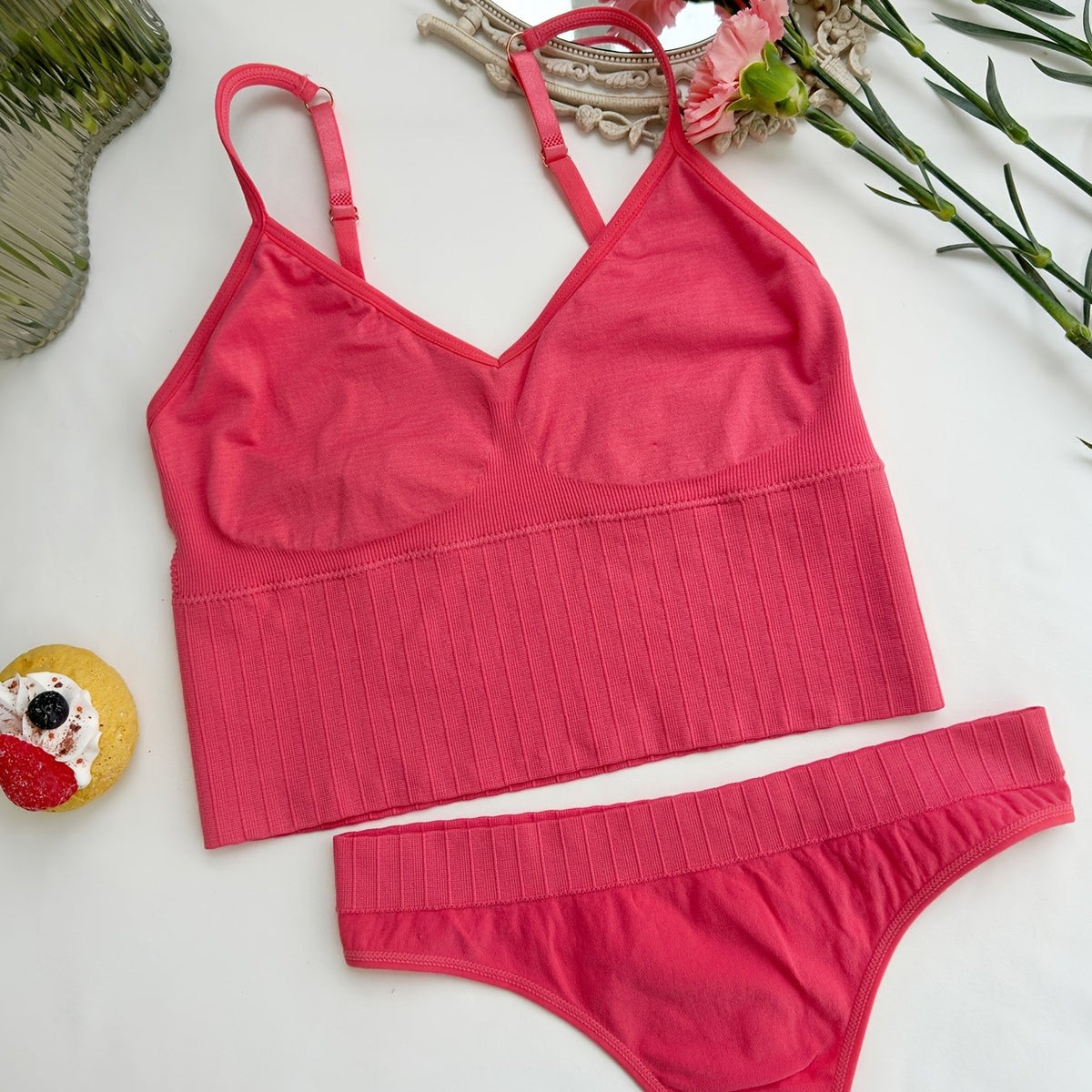 Solid Bra & Panties Soft Wireless Bralette & Thong Panties Set