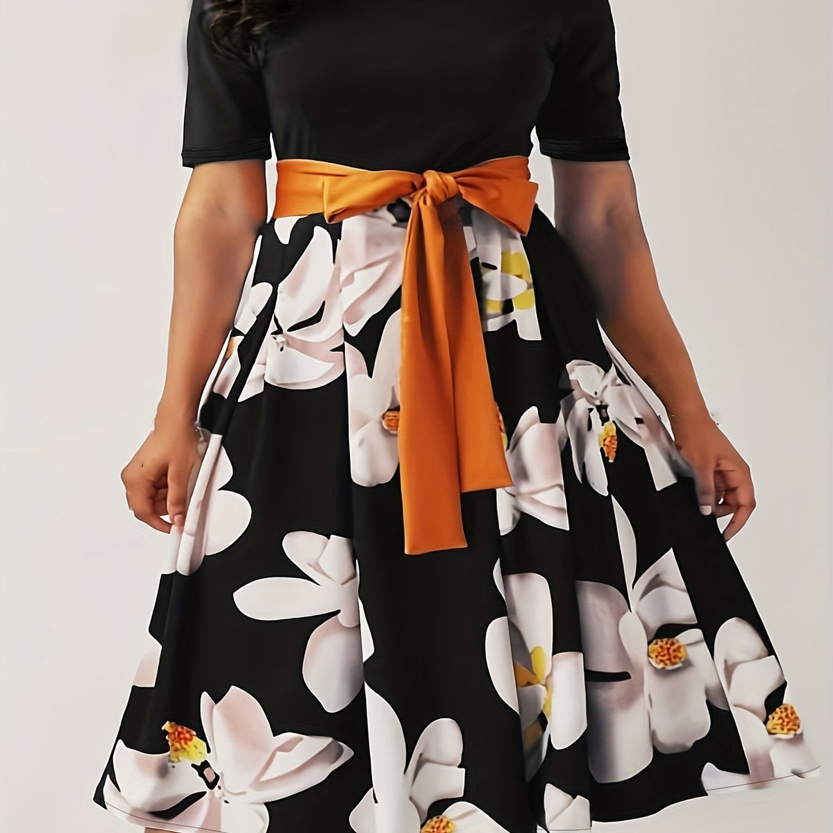  Colorblock Floral Print Belted Midi Dress