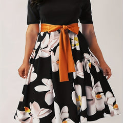  Colorblock Floral Print Belted Midi Dress