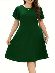  Solid Ruffle Sleeve A-Line Party Dress with Pockets