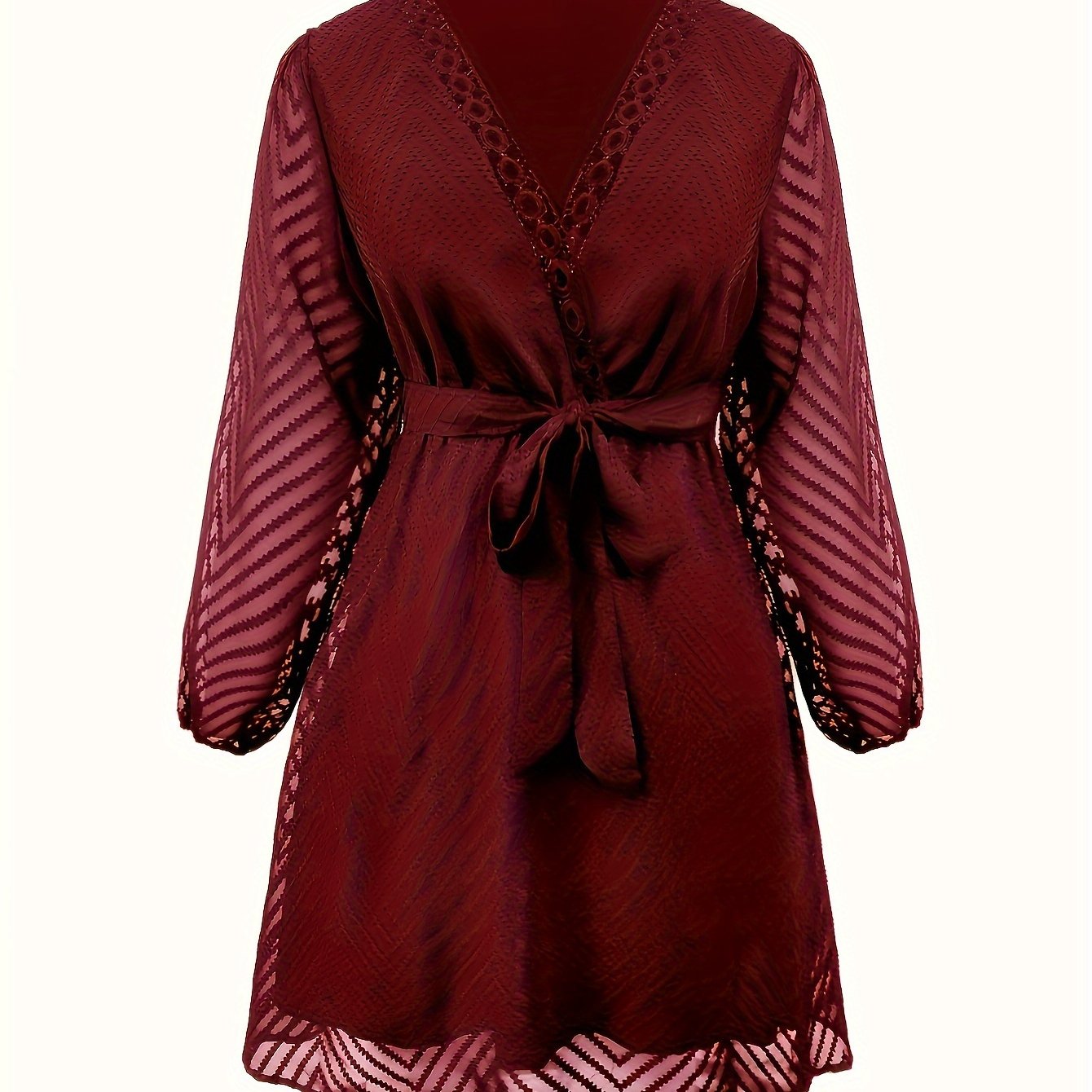  Chevron Lace Insert Long Sleeve Dress