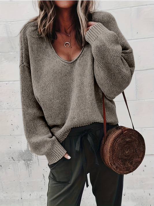  Casual Sweater Women's Plus Solid Long Sleeve V Neck Jumper