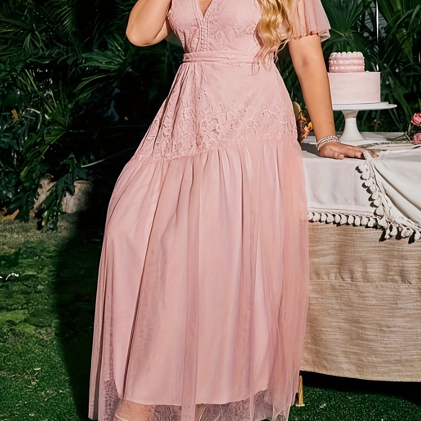  Lace Flutter Sleeve Maxi Bridesmaid Dress