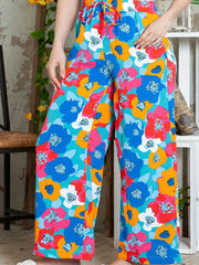 Women's Plus Floral Print Elastic Drawstring Beachwear Wide Leg Pants