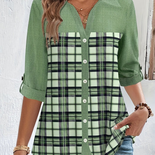  Colorblock Plaid Print Button Up Roll Up Sleeve Blouse