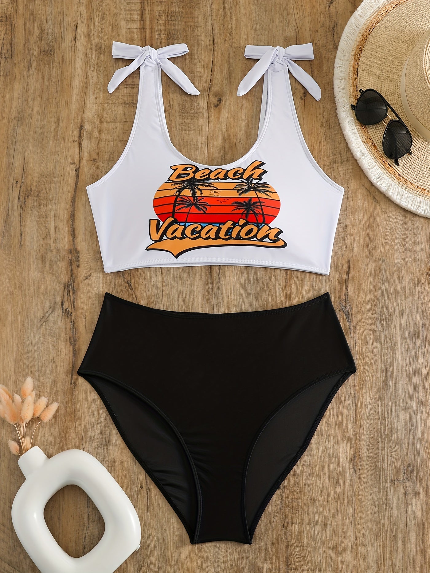  Tropical Print Shoulder Tie Bikini Set