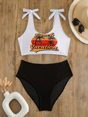  Tropical Print Shoulder Tie Bikini Set